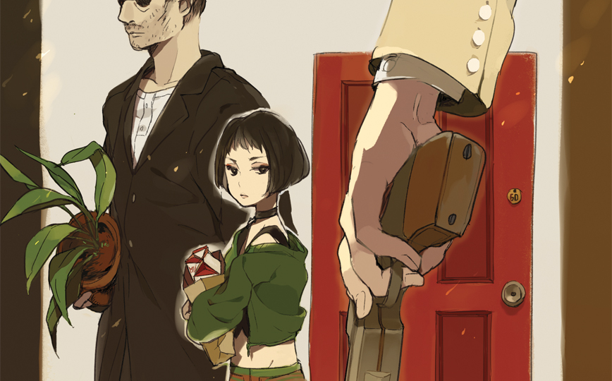 1girl, 2boys, age_difference, animification, apartment, bag, bare_shoulders, beard_stubble