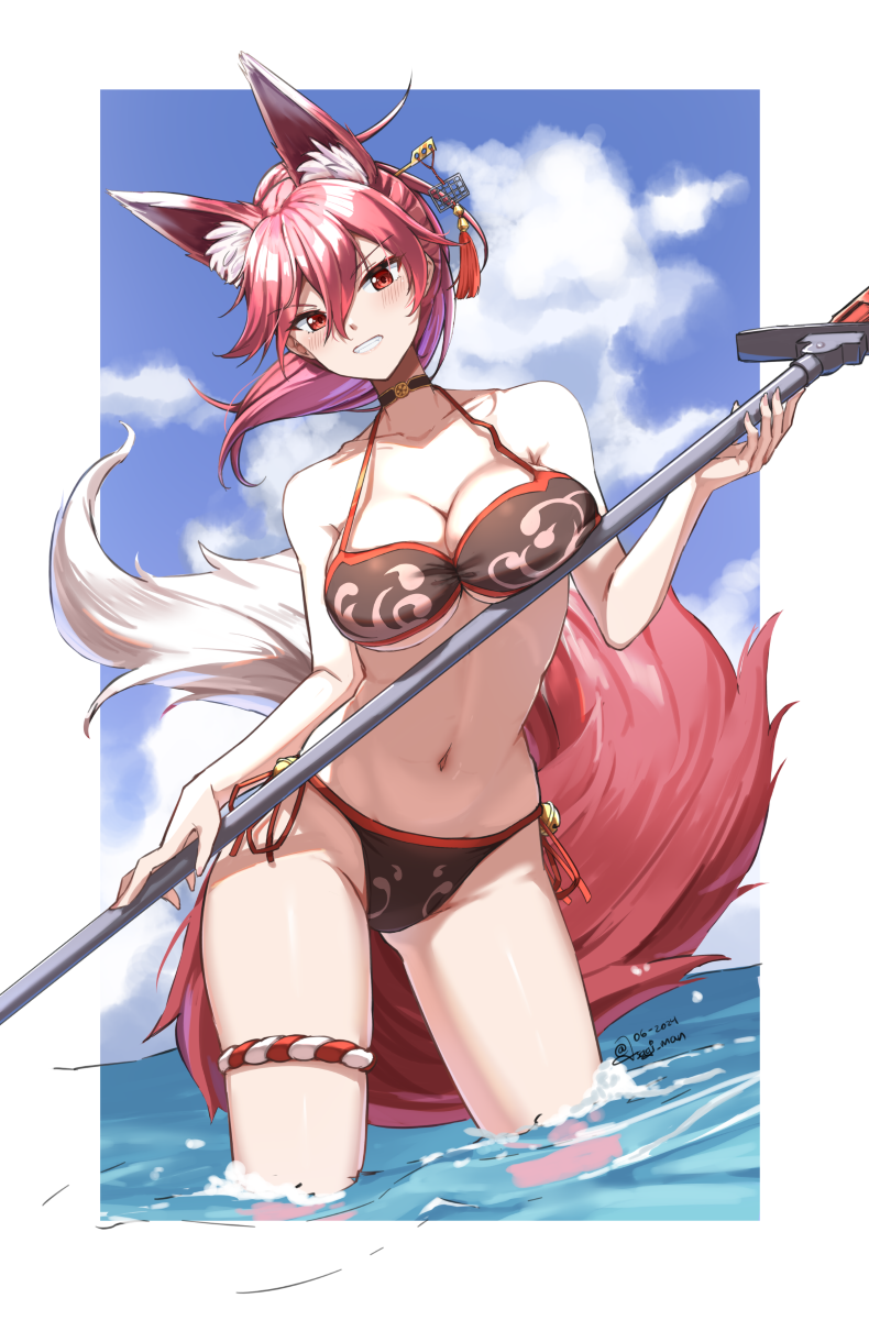 1girl, animal_ear_fluff, animal_ears, azur_lane, bikini, black_choker, blush, breasts