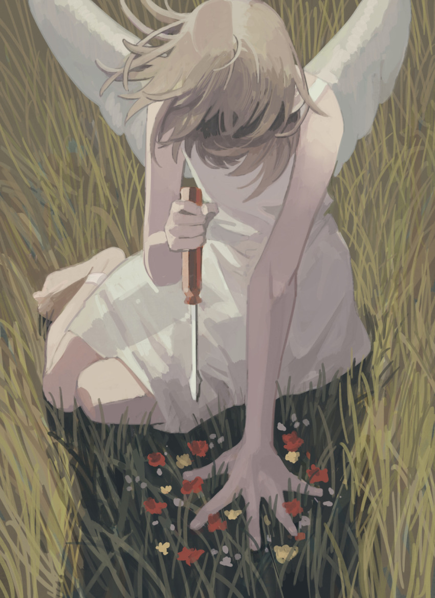 1girl, angel, angel_wings, anklet, backlighting, barefoot, blonde_hair, clea_(geee13), day, dress, flower, from_above, grass, hand_rest, hand_up, head_down, headless, highres, holding, holding_screwdriver, horror_(theme), jewelry, knife_game, leaning_forward, medium_hair, on_ground, open_hand, original, outdoors, screwdriver, shade, simple_flower, sitting, solo, spaghetti_strap, sunlight, white_dress, white_wings, wind, wings, yokozuwari
