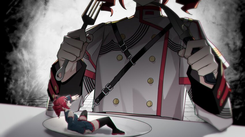 2girls, bare_shoulders, bilibili_308779336, binomi_(vocaloid), black_shirt, black_skirt, black_sleeves, black_thighhighs, buttons, detached_sleeves, double-breasted, drill_hair, dual_persona, fork, grey_jacket, head_out_of_frame, highres, holding, holding_fork, holding_knife, jacket, kasane_teto, kasane_teto_(sv), kasane_teto_(utau), knife, looking_at_another, lying, multiple_girls, on_back, on_plate, out_of_frame, plate, pleated_skirt, red_eyes, red_hair, red_nails, red_trim, scared, shaded_face, shadow, shirt, short_hair, shoulder_belt, shoulder_boards, skirt, sleeveless, sleeveless_shirt, striped_clothes, striped_jacket, synthesizer_v, thighhighs, twin_drills, uniform, utau