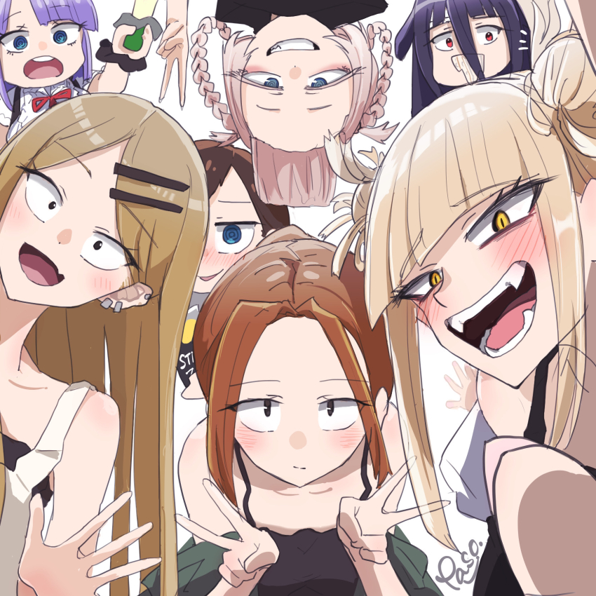 6+girls, :d, bags_under_eyes, bandaged_head, bandages, black_camisole, black_eyes, black_hair, blonde_hair, blue_eyes, blunt_bangs, blush, boku_no_hero_academia, boku_no_kokoro_no_yabai_yatsu, braid, braided_hair_rings, brown_eyes, brown_hair, camisole, commentary_request, dagashi_kashi, double_bun, double_v, ear_piercing, eating, endou_saya, fang, fangs, food, grin, hair_between_eyes, hair_bun, hair_ornament, hair_rings, hairclip, highres, holding, holding_food, ichikawa_kana, jewelry, looking_at_viewer, messy_hair, multiple_boys, multiple_girls, nanakusa_nazuna_(yofukashi_no_uta), necklace, nose_blush, open_mouth, paso, piercing, pink_hair, purple_hair, red_eyes, ringed_eyes, sanpaku, scrunchie, shidare_hotaru, shirt, skin_fang, slit_pupils, smile, teeth, toga_himiko, v, white_background, white_shirt, wrist_scrunchie, yamada_tae, yellow_eyes, yofukashi_no_uta, yoshida_serina, zombie_land_saga