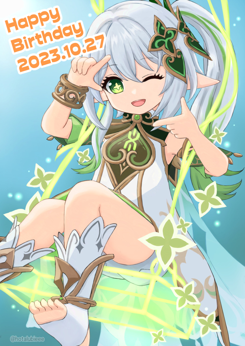 ;d, absurdres, bloomers, bracelet, cape, commentary_request, detached_sleeves, dress, english_text, finger_frame, foot_out_of_frame, genshin_impact, gold_trim, gradient_hair, green_cape, green_eyes, green_hair, green_sleeves, hands_up, highres, hotarubi_(hotarubie), jewelry, looking_at_viewer, multicolored_hair, nahida_(genshin_impact), on_swing, one_eye_closed, open_mouth, pointy_ears, sitting, sleeveless, sleeveless_dress, smile, star-shaped_pupils, star_(symbol), stirrup_legwear, swing, symbol-shaped_pupils, teeth, toeless_legwear, toes, twitter_username, underwear, upper_teeth_only, white_bloomers, white_dress, white_hair
