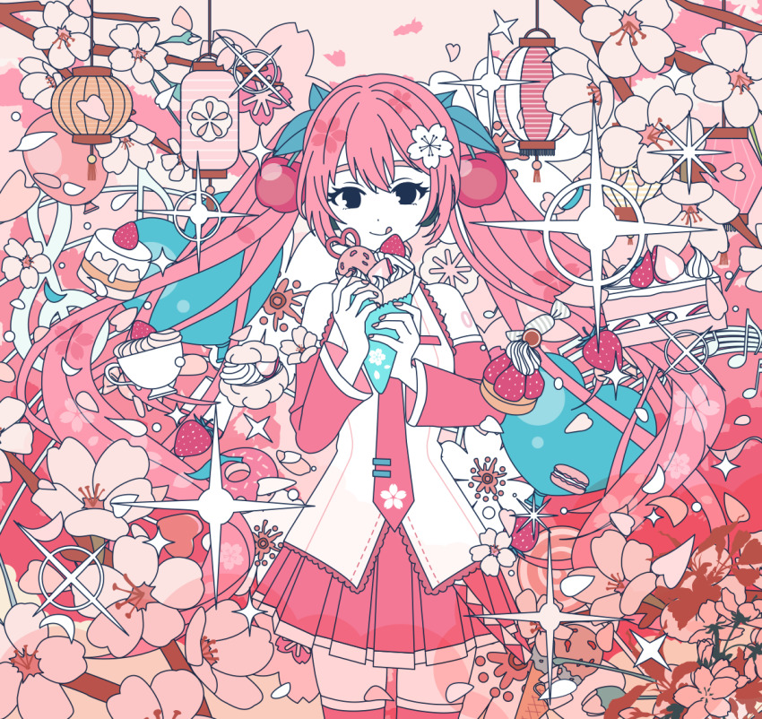 1girl, balloon, betete, black_eyes, branch, cake, candy, cherry