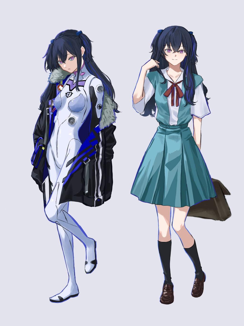 1girl, black_hair, blue_hair, bodysuit, breasts, daidai_neroli, fur-trimmed_jacket, fur_trim