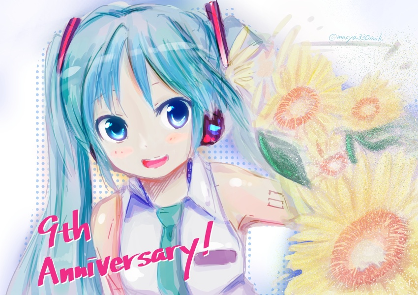 1girl, :d, anniversary, blue_hair, collared_shirt, detached_sleeves, drop_shadow, emuesukei