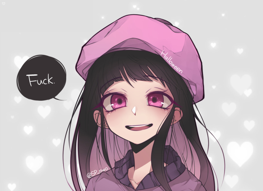 1girl, animification, artist_name, beret, black_hair, english_text, eyebrows_hidden_by_hair, halloween_(owo), hat, heart, jacket, long_hair, looking_at_viewer, open_mouth, parka, profanity, purple_eyes, sidelocks, smile, solo, south_park, teeth, upper_body, upper_teeth_only, wendy_testaburger