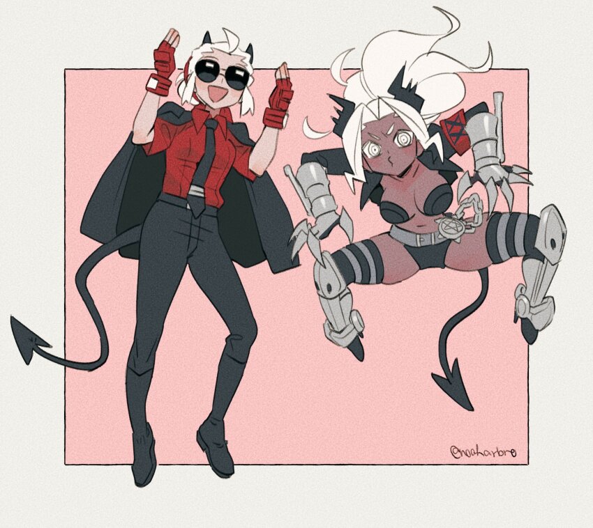 2girls, :d, black_horns, black_jacket, black_pants, breasts, cleavage, commentary_request