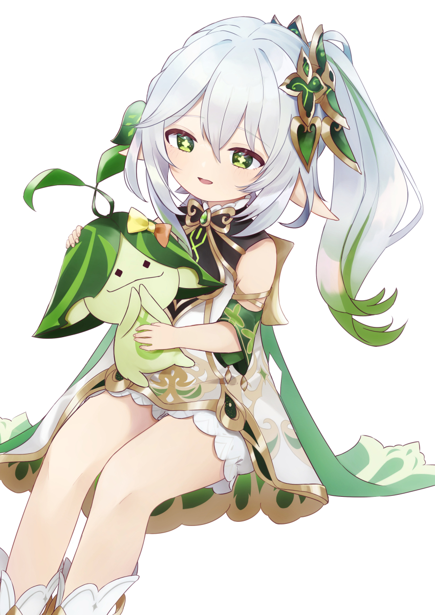 1girl, absurdres, aranara_(genshin_impact), bare_shoulders, bloomers, cape, commentary, detached_sleeves