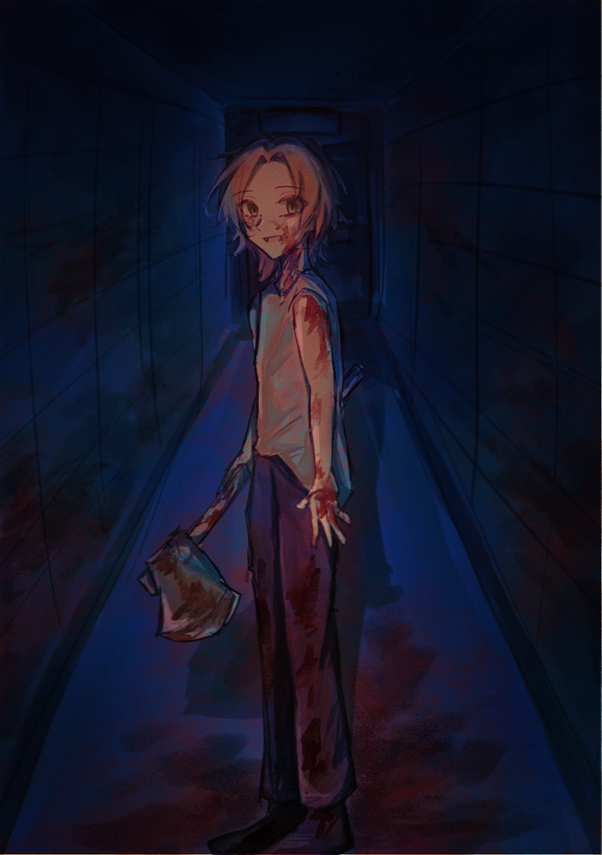 1boy, absurdres, axe, black_pants, black_shoes, blood, blood_on_arm, blood_on_clothes