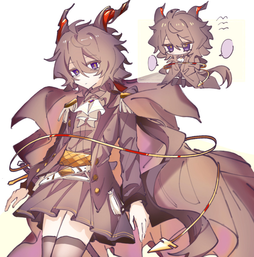 1girl, arknights, belt, blank_speech_bubble, brown_coat, brown_hair, brown_jacket, brown_skirt