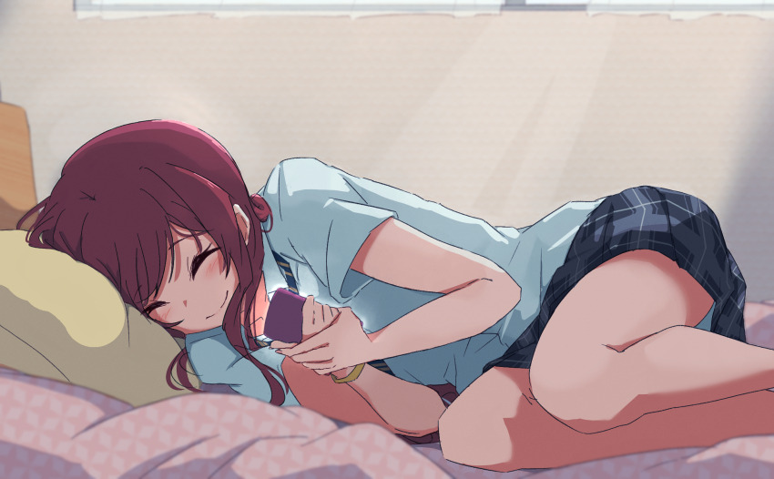 1girl, ^_^, bare_legs, black_skirt, blush, bracelet, breasts, cellphone