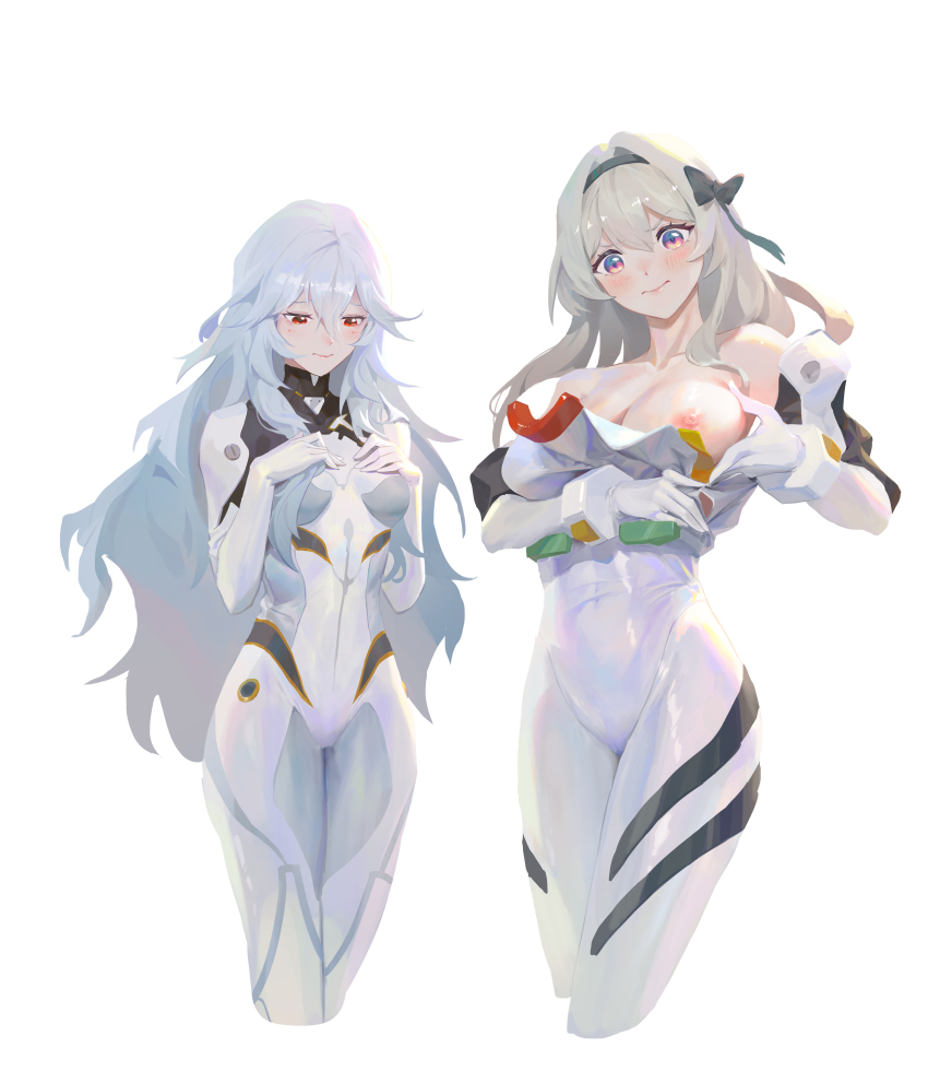 2girls, absurdres, ayanami_rei, blush, bodysuit, breasts, closed_mouth, cosplay