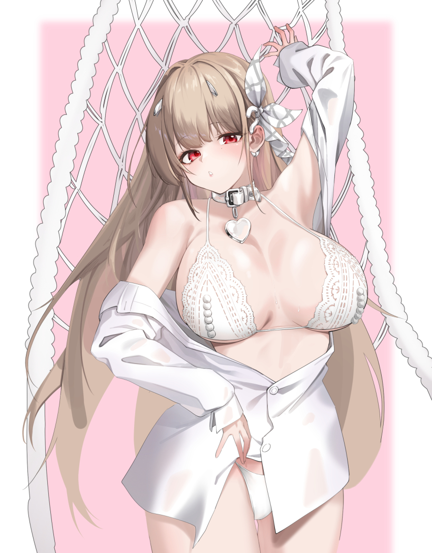1girl, absurdres, belt_collar, bikini, bra, breasts, collar, collared_shirt