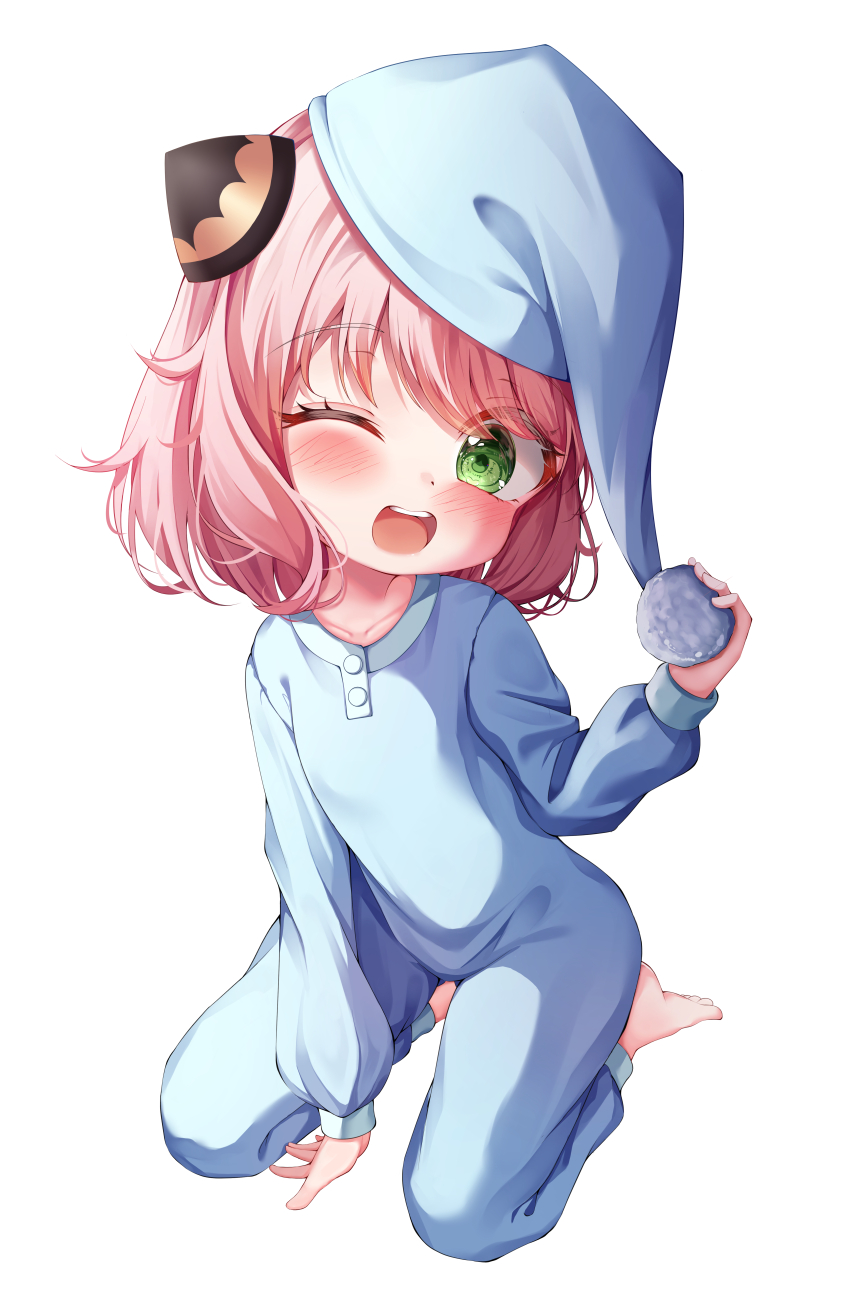 1girl, absurdres, anya_(spy_x_family), apple_mango, blue_hat, blue_pajamas, blush, child, green_eyes, hairpods, hat, highres, kneeling, looking_at_viewer, medium_hair, nightcap, one_eye_closed, open_mouth, pajamas, pink_hair, simple_background, solo, spy_x_family, teeth, upper_teeth_only, white_background