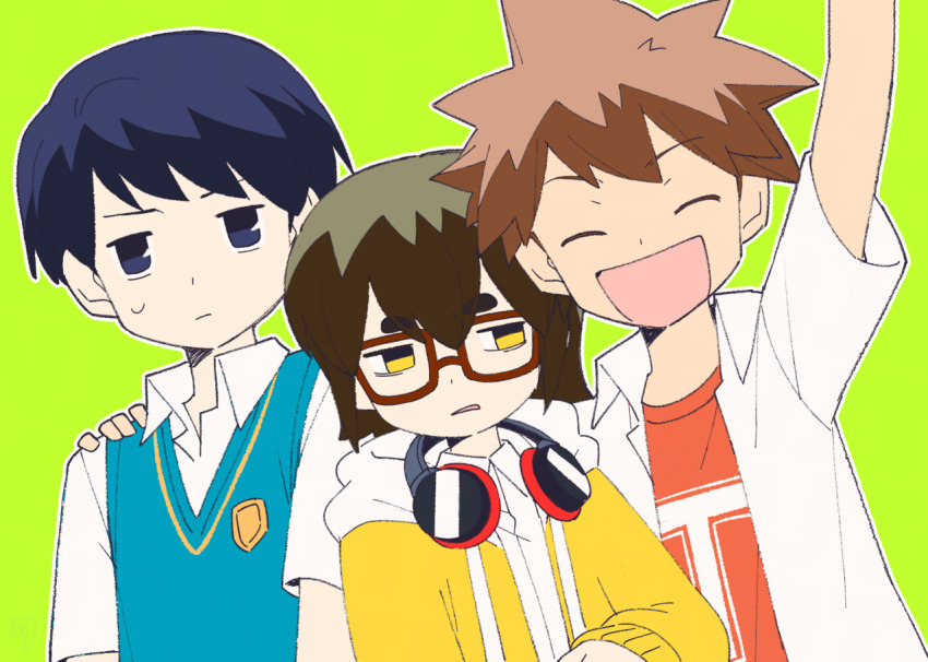 3boys, arm_up, bags_under_eyes, black_eyes, blue_sweater_vest, brown_hair, collared_shirt, green_background