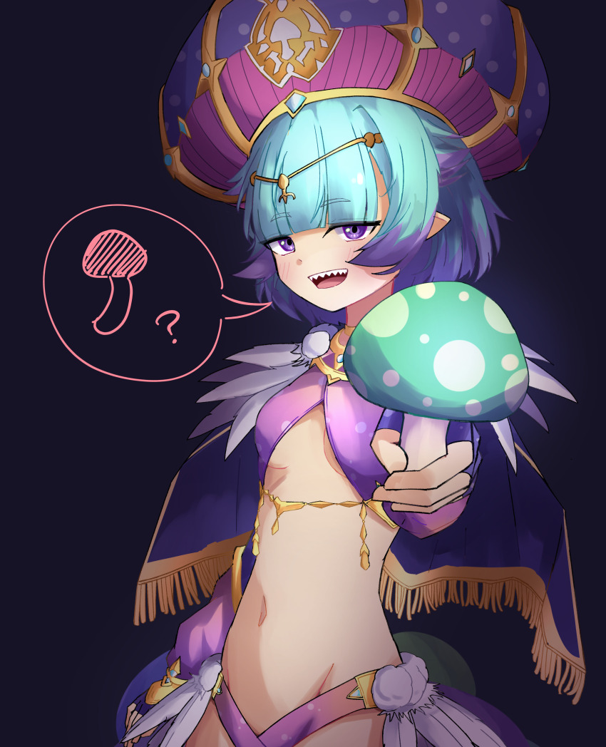 1girl, ?, absurdres, black_background, black_cape, blue_gloves, blue_hair, blunt_bangs