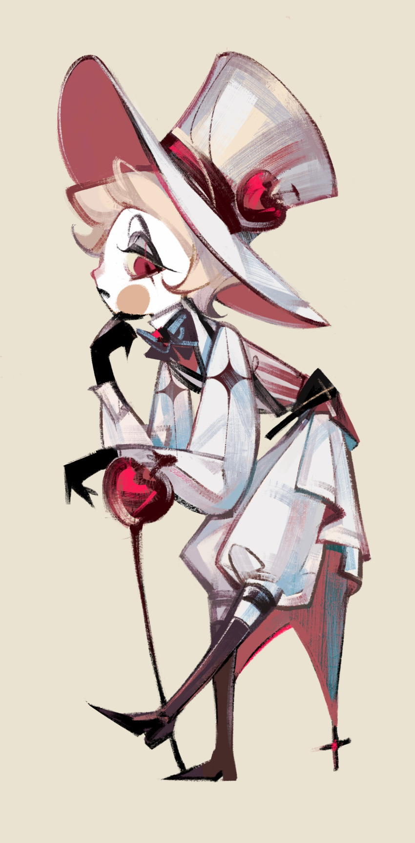 1boy, 2652893384, absurdres, blonde_hair, blush_stickers, cane, demon_boy, from_side, hat, hazbin_hotel, hellaverse, highres, holding, holding_cane, lucifer_morningstar_(hazbin_hotel), pale_skin, red_eyes, solo, white_hat