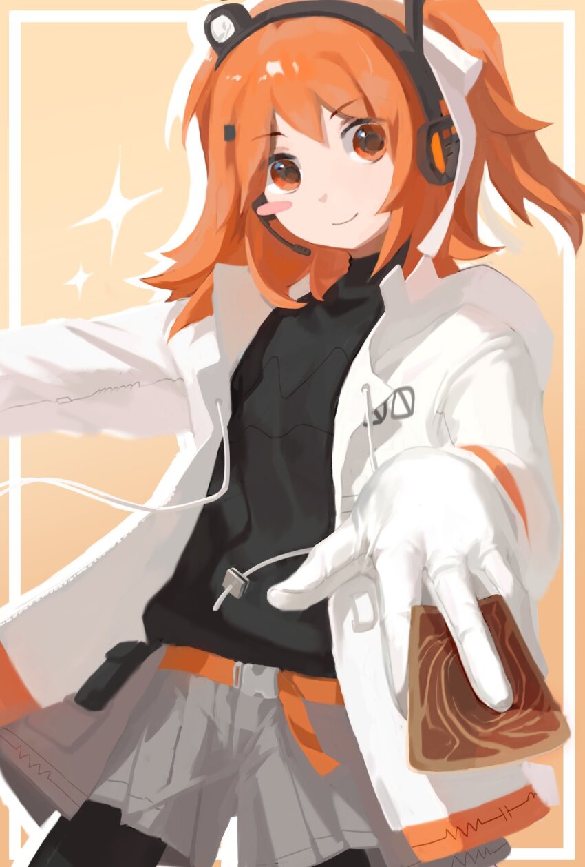 1girl, a.i._voice, adachi_rei, card, gloves, highres, humanoid_robot, jacket, looking_at_viewer, nme_0039, open_clothes, open_jacket, orange_eyes, orange_hair, robot, robot_girl, utau, white_gloves, white_jacket