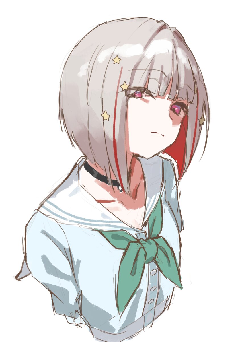 1girl, absurdres, aqua_neckerchief, black_choker, blue_dress, bob_cut, choker, closed_mouth