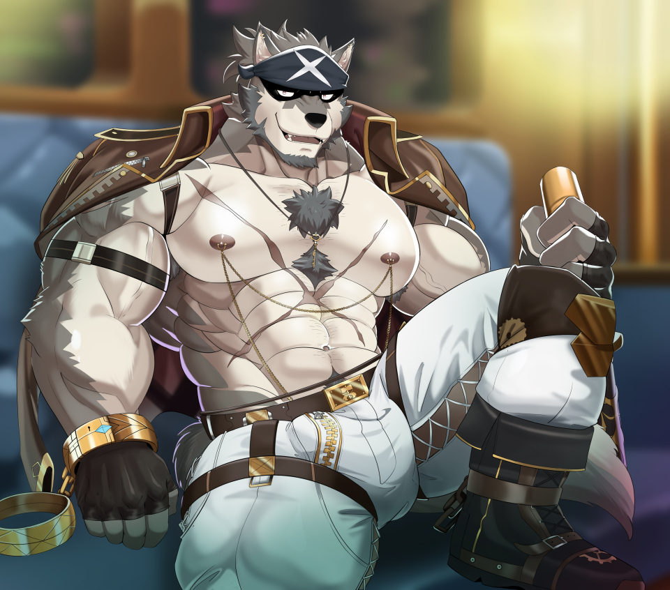 1boy, abs, animal_ear_fluff, animal_ears, another_eidos-r, arm_belt, bara, bare_pectorals