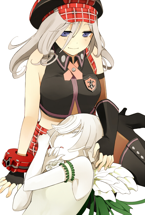 10s, 2girls, alisa_ilinichina_amiella, asymmetrical_clothes, bad_id, bad_pixiv_id, bare_shoulders, blue_eyes, blush, boots, cha_(cha0-0), chiot_(god_eater), closed_eyes, elbow_gloves, fingerless_gloves, fingernails, flower, gloves, god_eater, god_eater_burst, hair_between_eyes, hat, lap_pillow, long_fingernails, long_hair, multiple_girls, pale_skin, pantyhose, short_hair, simple_background, sitting, skirt, sleeping, smile, thigh_boots, thighhighs, vest, white_hair, yokozuwari