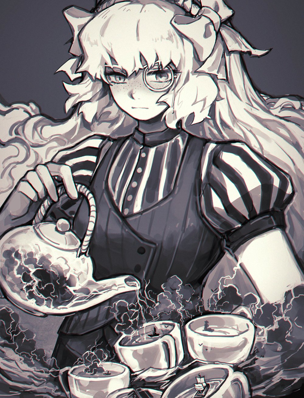 1girl, bow, closed_mouth, cup, expressionless, flaw_eight, freckles, hair_bow