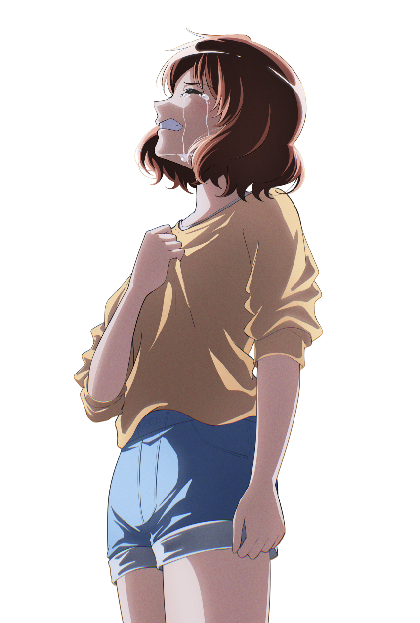 1girl, absurdres, akane_(tgixb), brown_hair, clenched_hands, clenched_teeth, clothes_grab, crying