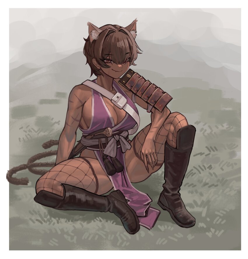 1girl, absurdres, animal_ears, armor, boots, border, breasts, brown_boots, brown_hair, cat_ears, commentary, dark-skinned_female, dark_skin, dress, english_commentary, fang, fingernails, fishnet_thighhighs, fishnets, full_body, highres, japanese_armor, large_breasts, multiple_tails, nekomata, original, pelvic_curtain, purple_dress, sash, sharp_fingernails, short_hair, shoulder_armor, single_sode, sitting, skin_fang, smile, sode, soldat_(dndosld73832), solo, spread_legs, tail, thighhighs, thighs, white_border
