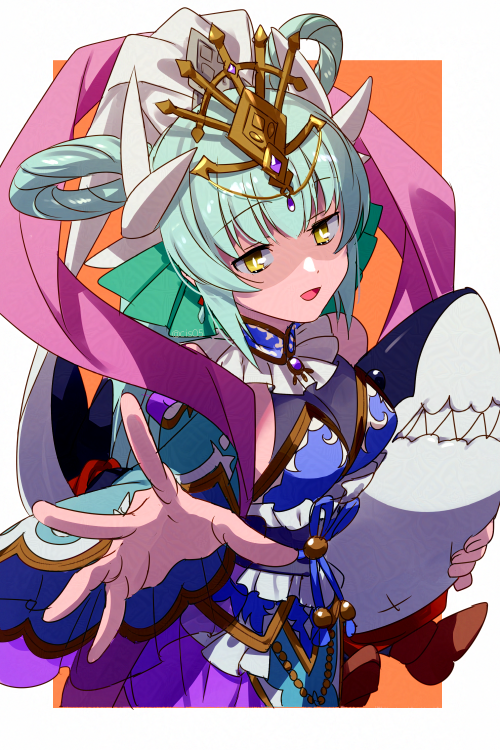 1girl, bare_shoulders, blue_dress, breasts, dragon_girl, dragon_horns, dress, echo_(circa)