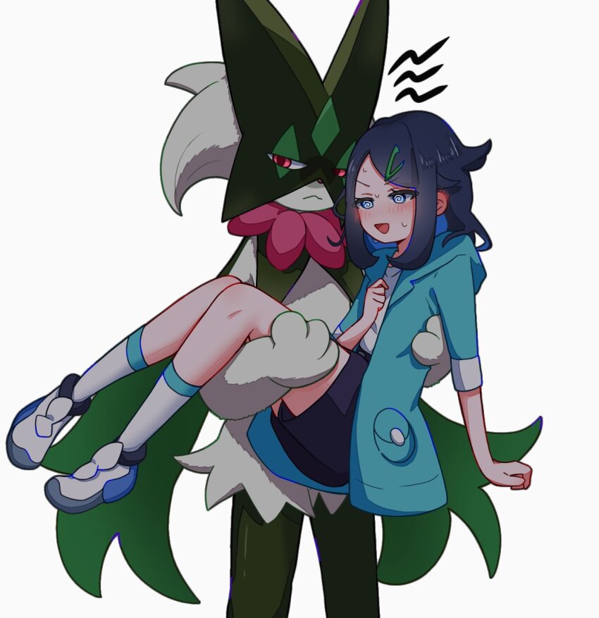 1girl, animal_hands, black_fur, black_hair, blue_eyes, blush, body_fur, carrying