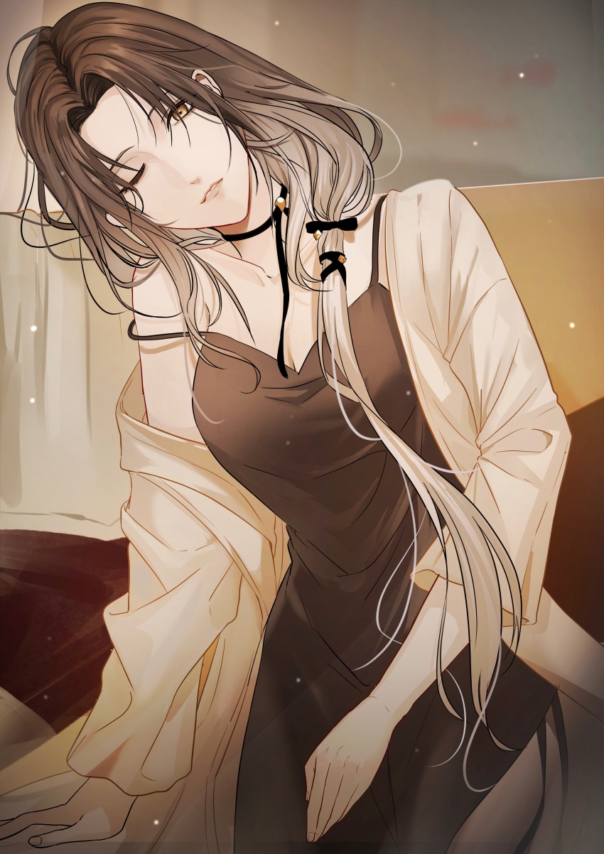 1girl, absurdres, angell_(path_to_nowhere), black_chemise, black_dress, cardigan, chemise, dress