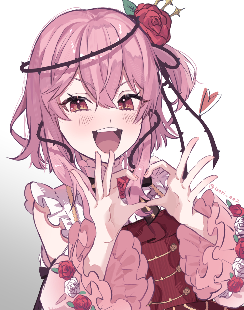 :d, absurdres, detached_sleeves, flower, hair_flower, hair_ornament, heart, heart_hands, highres, inori_002, medium_hair, nijisanji, nijisanji_en, open_mouth, pink_hair, plant, red_eyes, red_flower, red_rose, rose, rosemi_lovelock, rosemi_lovelock_(1st_costume), smile, thorns, twitter_username, vines, virtual_youtuber
