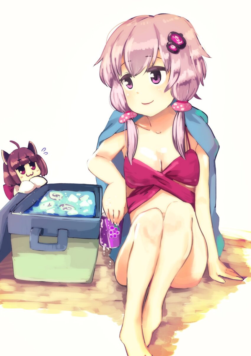 2girls, :3, ahoge, bikini, blunt_bangs, bra, brown_hair, chibi