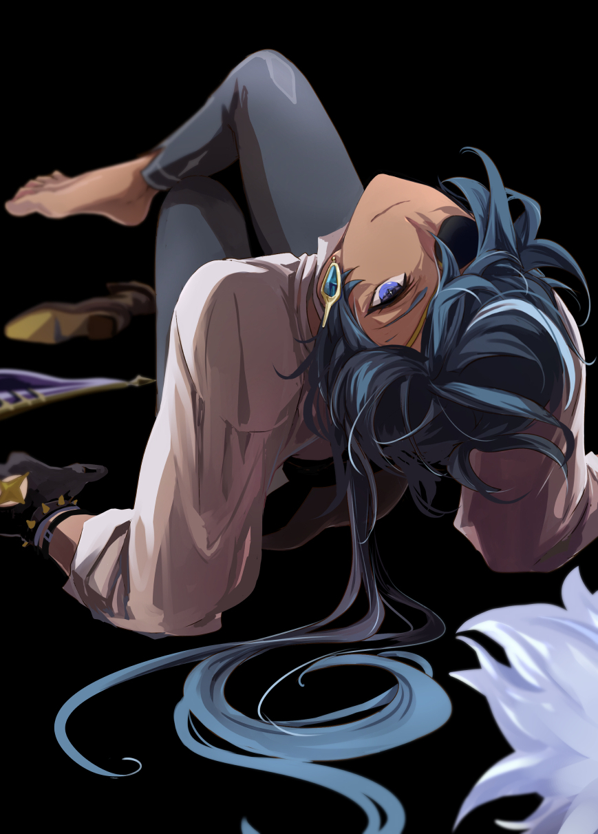 1boy, barefoot, black_background, black_gloves, blue_eyes, blue_hair, boots, bracelet