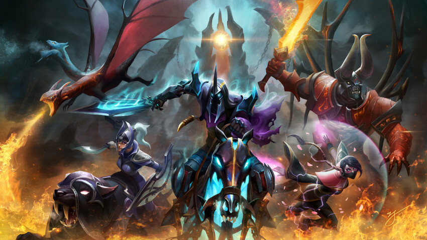 2girls, 4boys, abbadon_(dota), aqua_eyes, armor, black_hair, blue_bodysuit, blue_eyes, blue_hair, bodysuit, cape, demon, demon_horns, demon_tail, demon_wings, doom_(dota), dota_(series), dota_2, dragon, fire, flaming_sword, flaming_weapon, full_armor, full_body, gauntlets, glowing, glowing_eyes, helmet, highres, holding, holding_shield, holding_sword, holding_weapon, horns, horseback_riding, jakiro_(dota), ji_zhang, lion, long_hair, looking_at_viewer, luna_(dota), mask, mouth_mask, multiple_boys, multiple_girls, ninja, ninja_mask, outdoors, pauldrons, pointy_ears, riding, sharp_teeth, shield, shoulder_armor, sword, tail, teeth, templar_assassin_(dota), torn_cape, torn_clothes, very_long_hair, weapon, wide_sleeves, wings