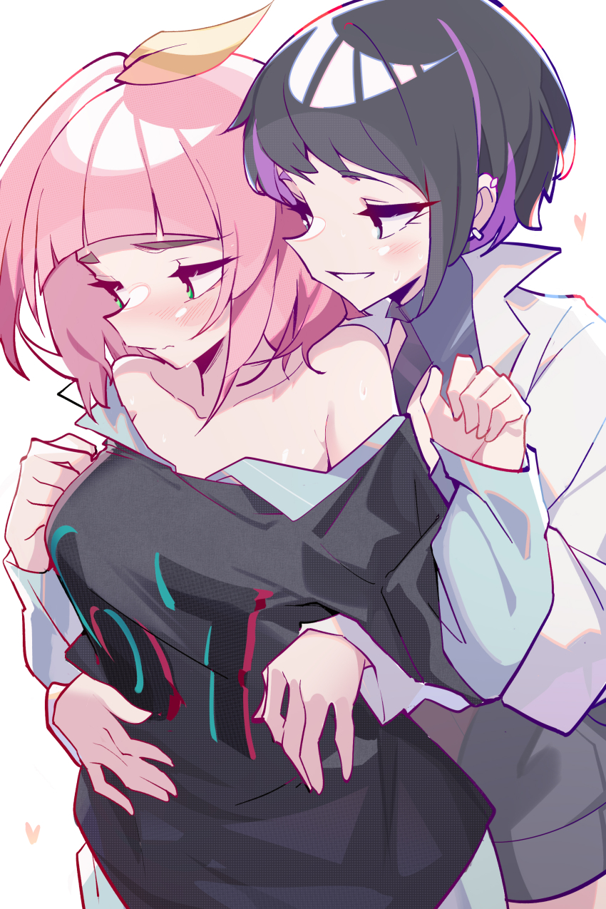 2girls, absurdres, arched_bangs, bare_shoulders, black_hair, black_shirt, blue_eyes, blush