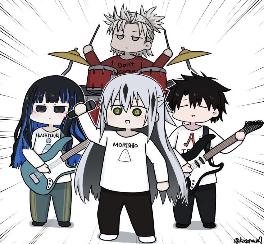 2boys, 2girls, band_(music), black_hair, blue_hair, colored_inner_hair, drum, drumsticks