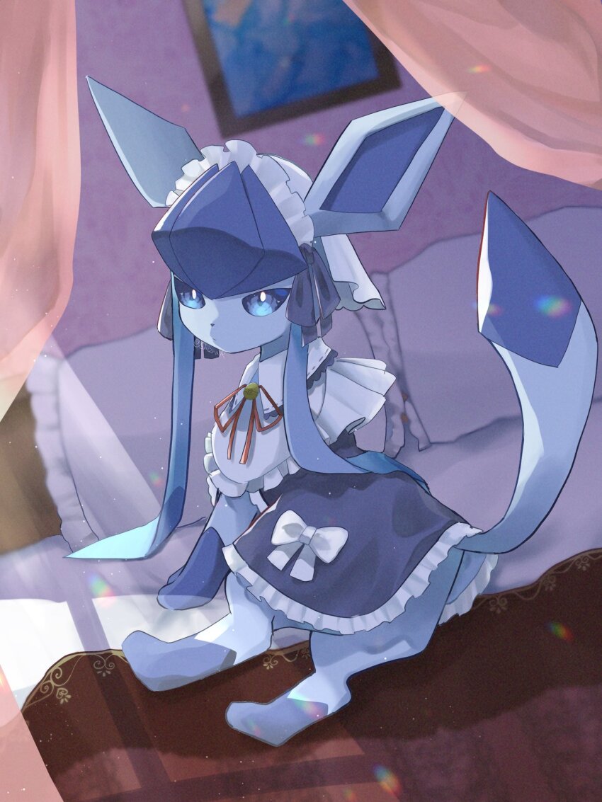 animal_focus, bed, blue_eyes, blue_hair, clothed_pokemon, gen_4_pokemon, glaceon, glaceon_(tea_party)