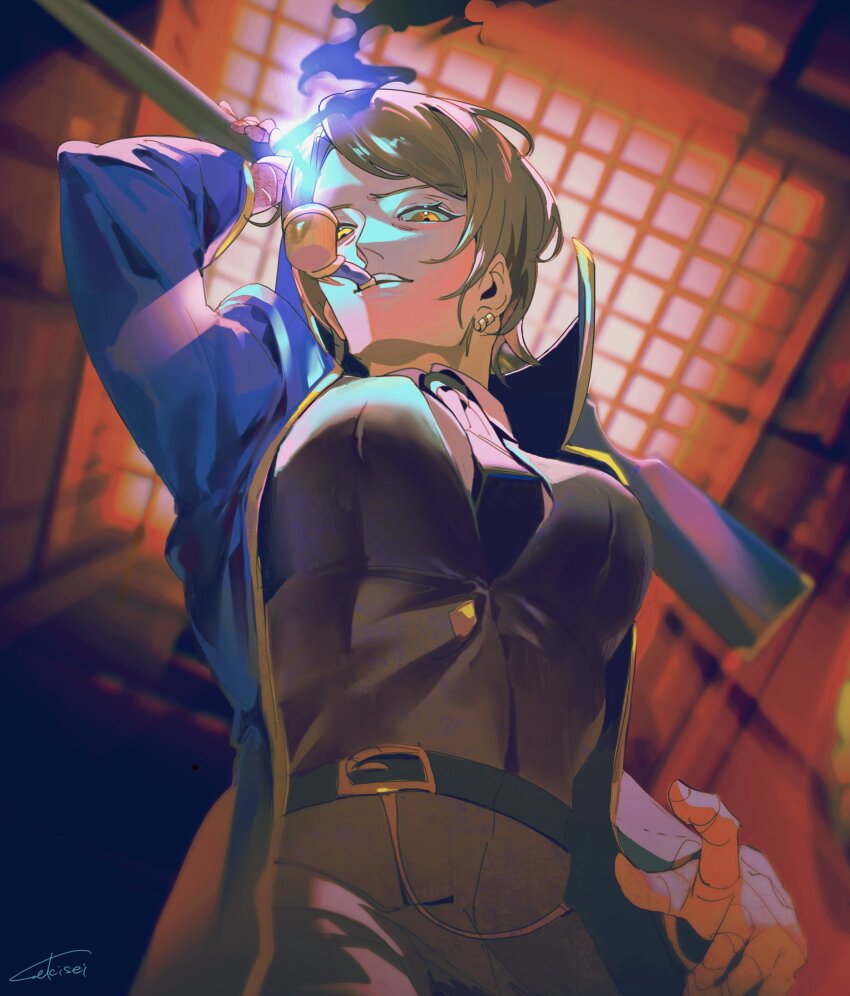 1girl, absurdres, arm_up, black_pants, black_vest, blue_coat, breasts, brown_eyes, brown_hair, coat, collared_shirt, colored_smoke, e.g.o_(project_moon), from_below, highres, indoors, limbus_company, lobotomy_corporation, looking_at_viewer, magic_bullet_(e.g.o), medium_breasts, outis_(project_moon), pants, parted_lips, project_moon, sekisei_mg, shirt, smoke, smoking, smoking_pipe, solo, vest, white_shirt