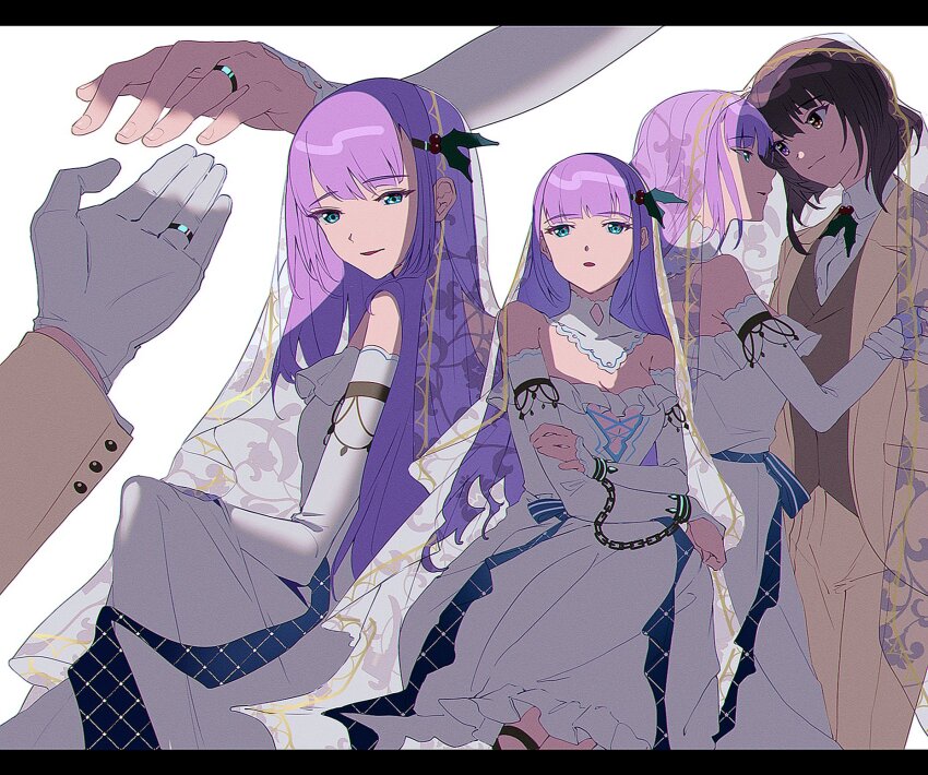 2girls, alternate_hairstyle, blazer, breasts, bridal_veil, bride, brown_hair, dress