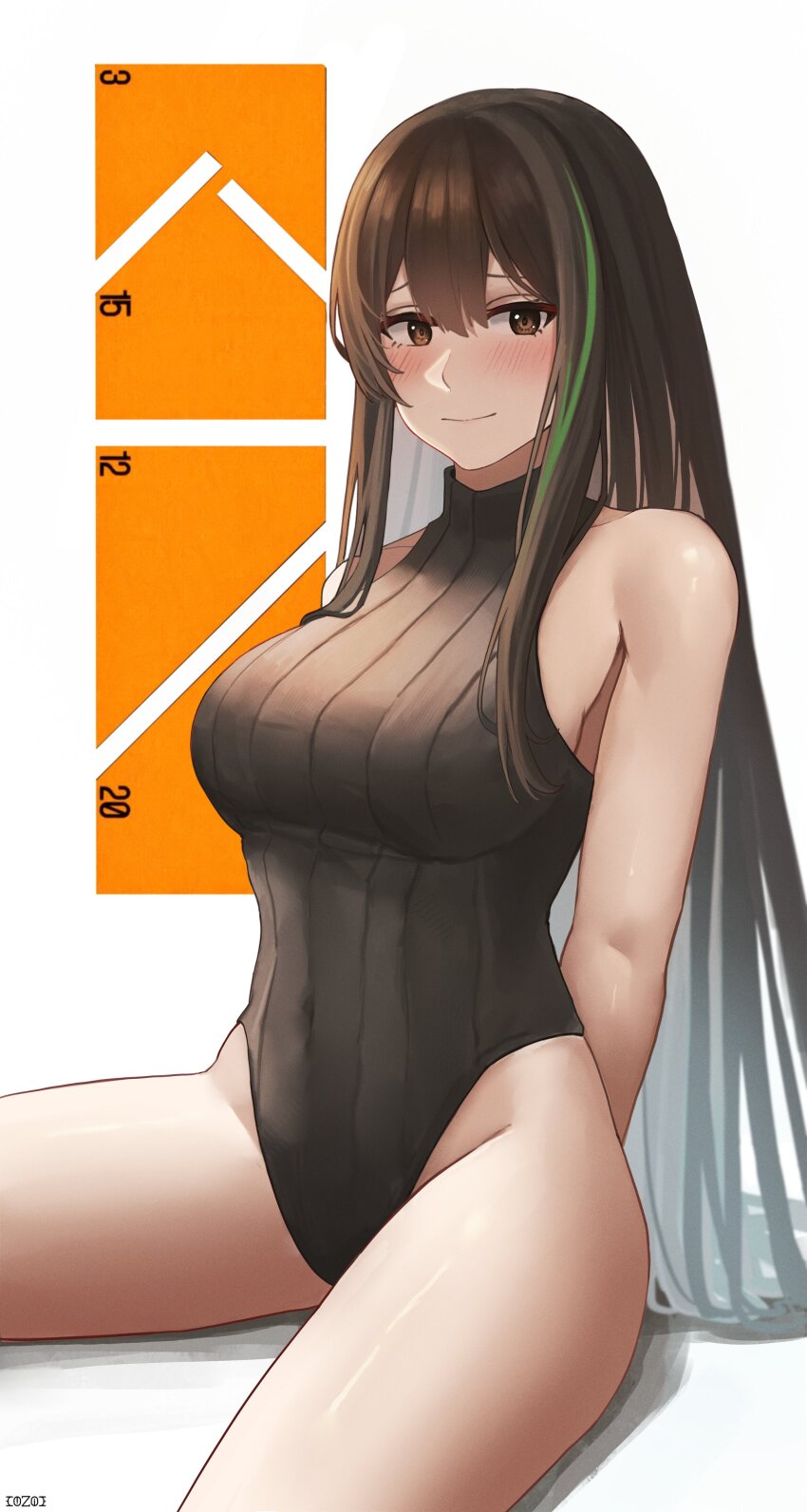 1girl, absurdres, anti-rain_(girls'_frontline), arms_behind_back, blush, breasts, brown_eyes, brown_hair