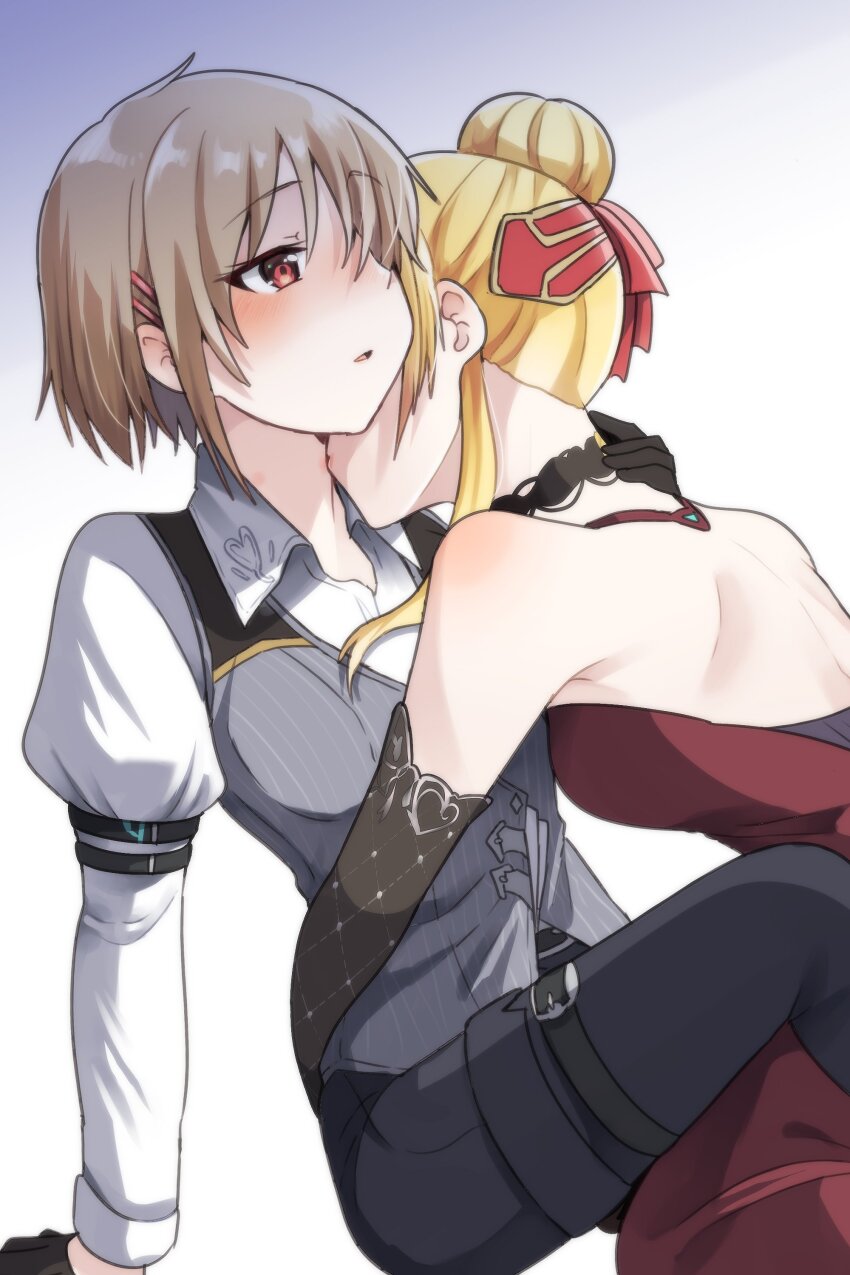 2girls, absurdres, black_gloves, blonde_hair, breasts, elbow_gloves, gloves, hair_bun