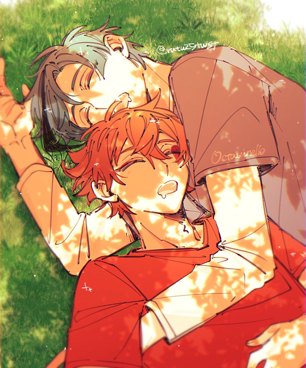 2boys, ace_trappola, blue_hair, cuddling, dappled_sunlight, drooling, floyd_leech, grass