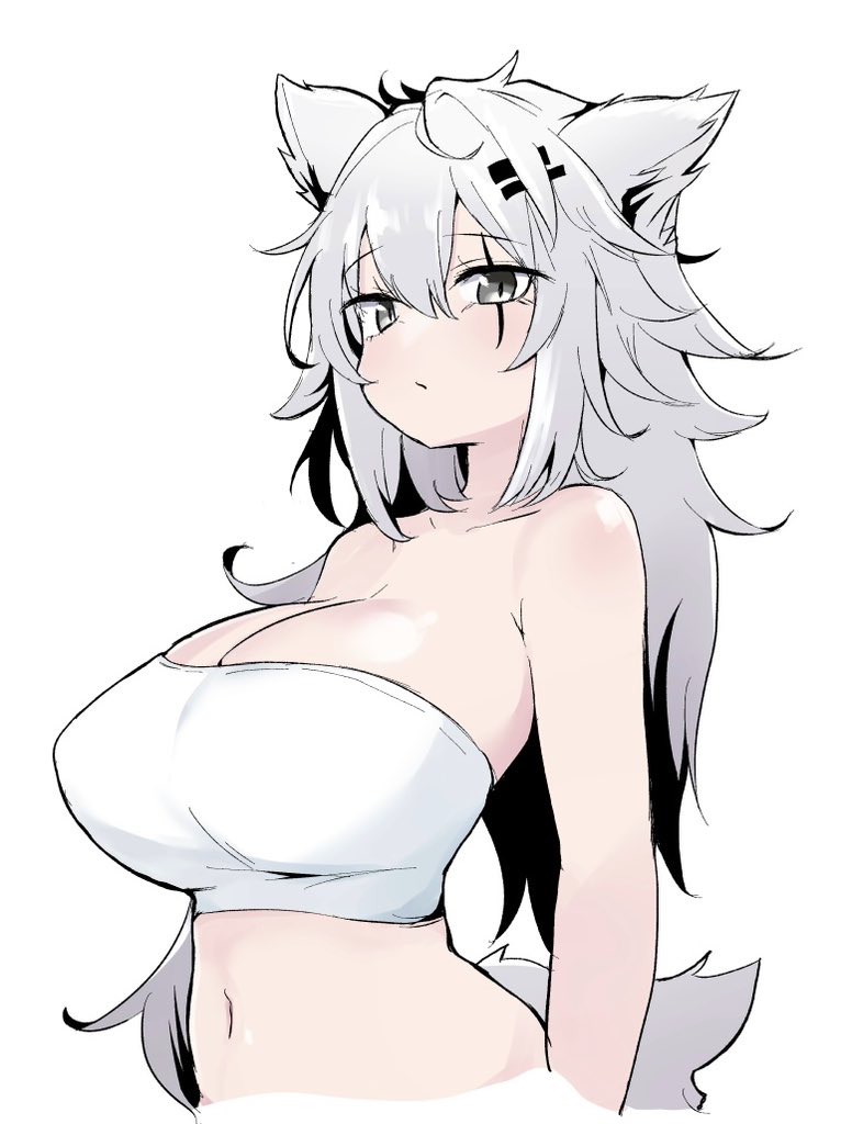 1girl, animal_ears, arknights, bare_shoulders, breasts, cleavage, grey_eyes, hair_between_eyes