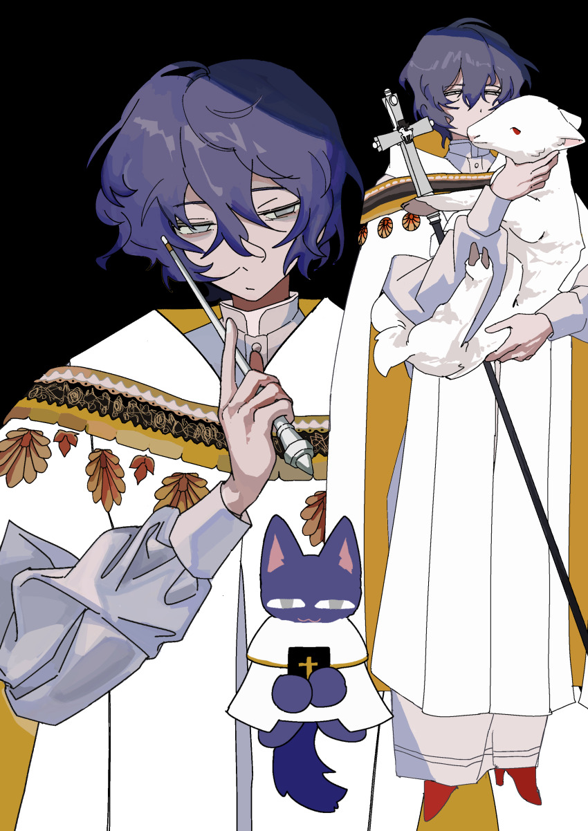 1boy, absurdres, alternate_costume, animal, baby_animal, black_background, blue_hair, chinese_commentary