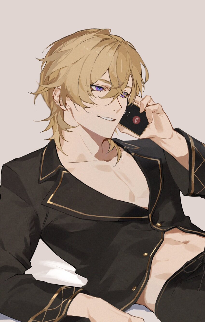 1boy, arm_support, aventurine_(anan)_(honkai:_star_rail), aventurine_(honkai:_star_rail), black_pajamas, black_pants, black_shirt, blonde_hair, blue_eyes, cellphone, collarbone, collared_shirt, commentary_request, crossed_bangs, gold_trim, grey_background, grin, hair_between_eyes, hand_up, highres, holding, holding_phone, honkai:_star_rail, honkai_(series), kichi_owo, lapels, long_sleeves, male_focus, multicolored_eyes, navel, official_alternate_costume, open_collar, pajamas, pants, parted_bangs, parted_lips, pectorals, phone, purple_eyes, shirt, short_hair, simple_background, sitting, smartphone, smile, solo, stomach, talking_on_phone