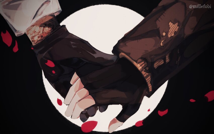 2boys, absurdres, artist_name, black_background, black_gloves, brown_coat, coat, commentary