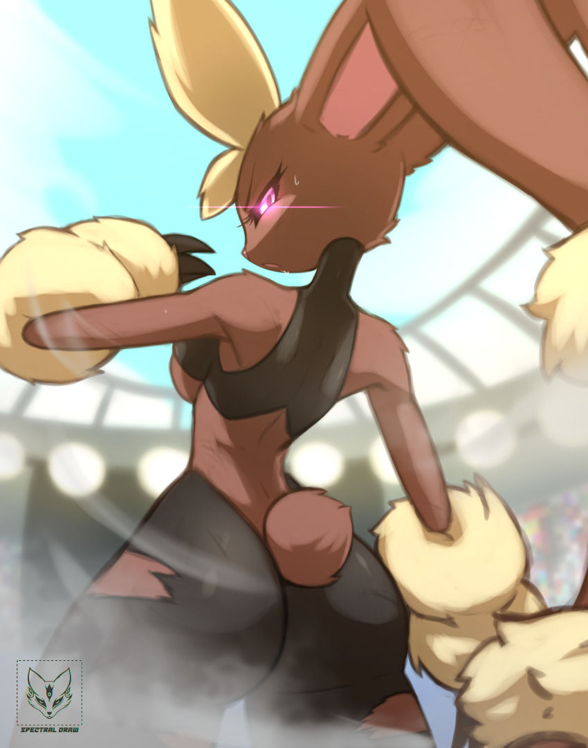 1girl, absurdres, animal_nose, arm_at_side, arm_up, artist_name, ass, back, bare_shoulders, black_pantyhose, blue_sky, body_fur, breasts, brown_fur, cowboy_shot, day, dust, female_focus, from_behind, gen_4_pokemon, glowing, glowing_eyes, half-closed_eyes, highres, looking_at_viewer, looking_back, lopunny, medium_breasts, mega_lopunny, mega_pokemon, nintendo, open_mouth, outdoors, pantyhose, pink_eyes, pokemon, pokemon_(creature), rabbit_ears, rabbit_girl, rabbit_tail, sky, solo, spectraldrawfox, sports_bra, stadium, standing, sweat, torn_clothes, torn_pantyhose, two-tone_fur, underboob, v-shaped_eyebrows, watermark, wide_hips, yellow_fur