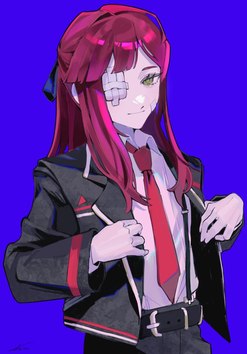 1girl, absurdres, bandaid, bandaid_on_face, black_jacket, black_pants, blue_background, closed_mouth