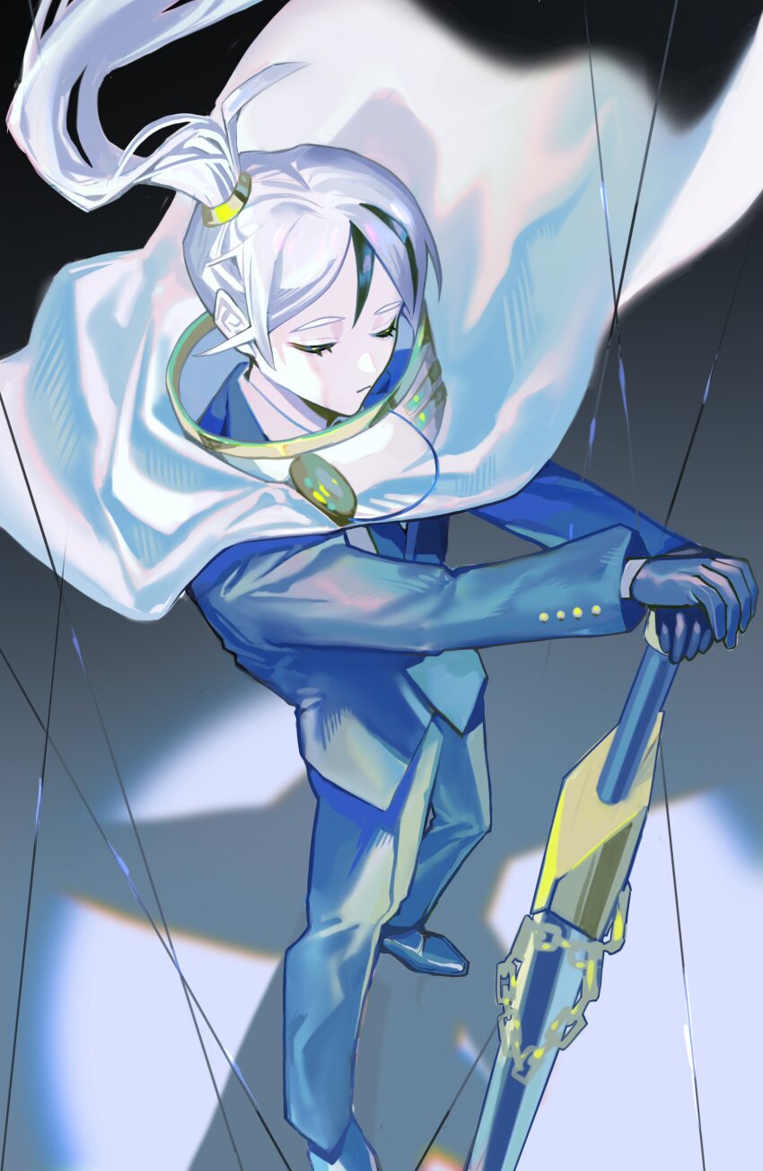 1boy, absurdres, black_gloves, black_hair, black_jacket, brooch, cape, chain